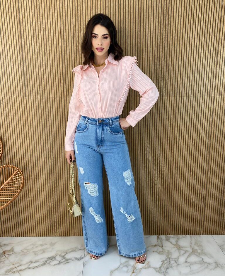 Camisa Feminina Manga Longa Luna com Detalhe Rosa Bebe - Fernanda Ramos Store