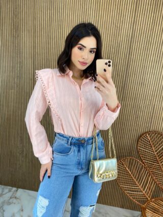 Camisa Feminina Manga Longa Luna com Detalhe Rosa Bebe Fernanda Ramos Store