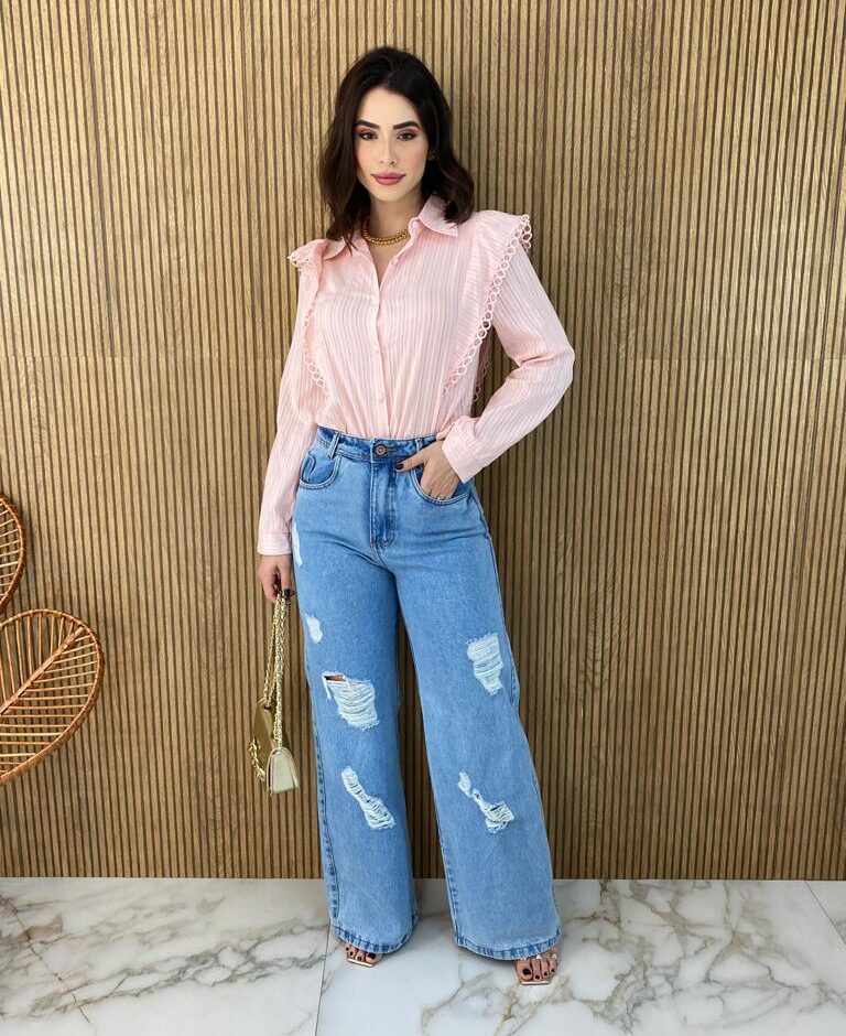 Camisa Feminina Manga Longa Luna com Detalhe Rosa Bebe - Fernanda Ramos Store