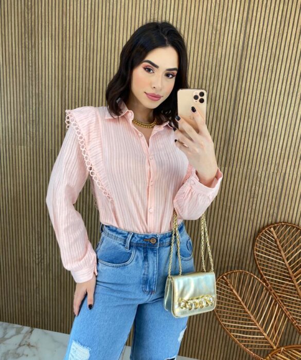 Camisa Feminina Manga Longa Luna com Detalhe Rosa Bebe Fernanda Ramos Store