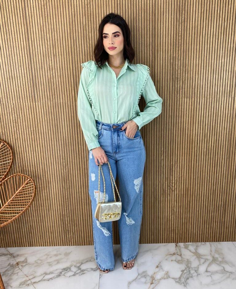 Camisa Feminina Manga Longa Luna com Detalhe Verde - Fernanda Ramos Store