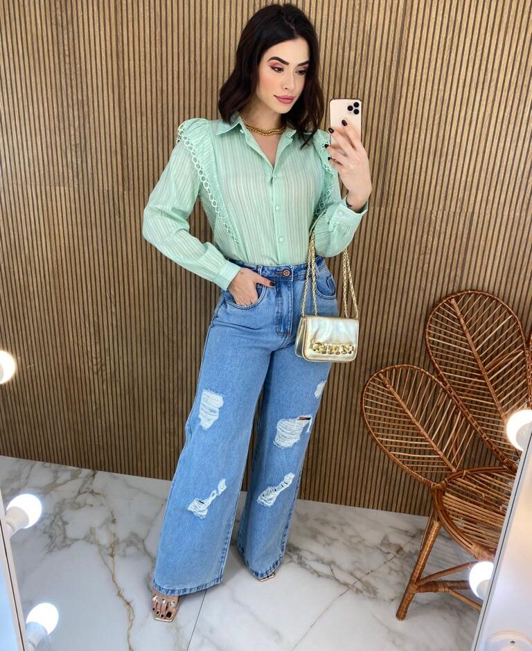 Camisa Feminina Manga Longa Luna com Detalhe Verde - Fernanda Ramos Store