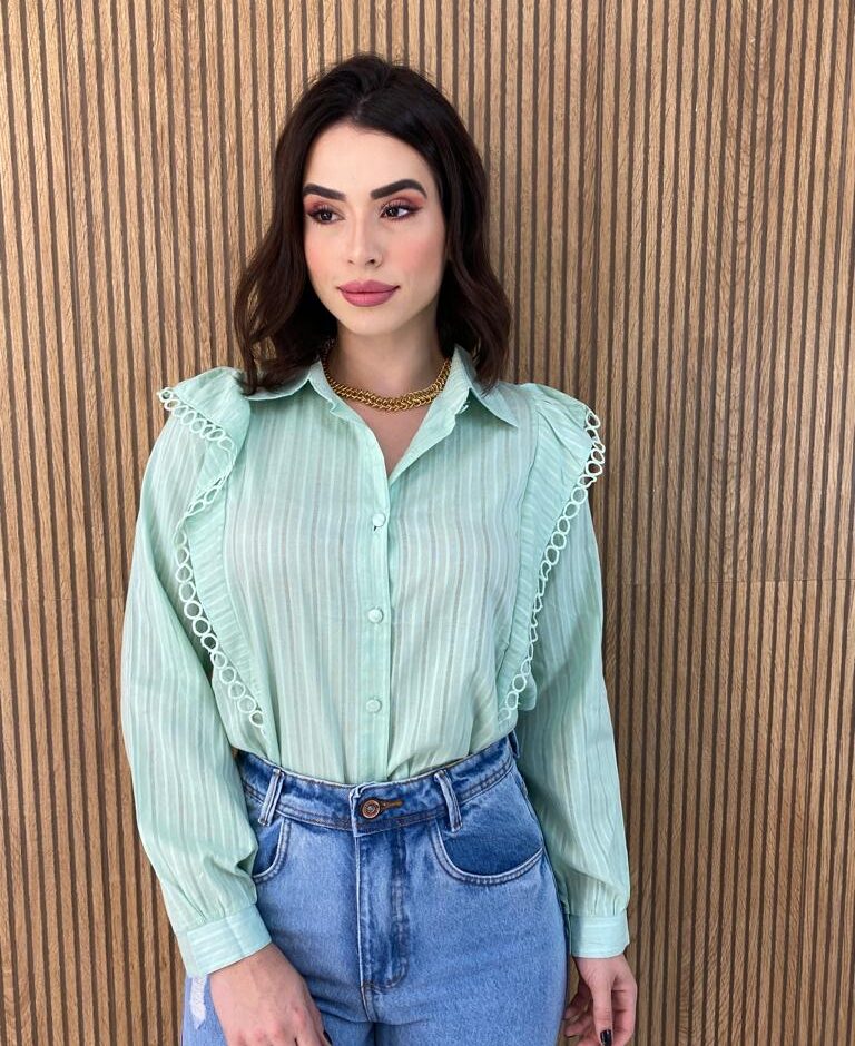 Camisa Feminina Manga Longa Luna com Detalhe Verde - Fernanda Ramos Store
