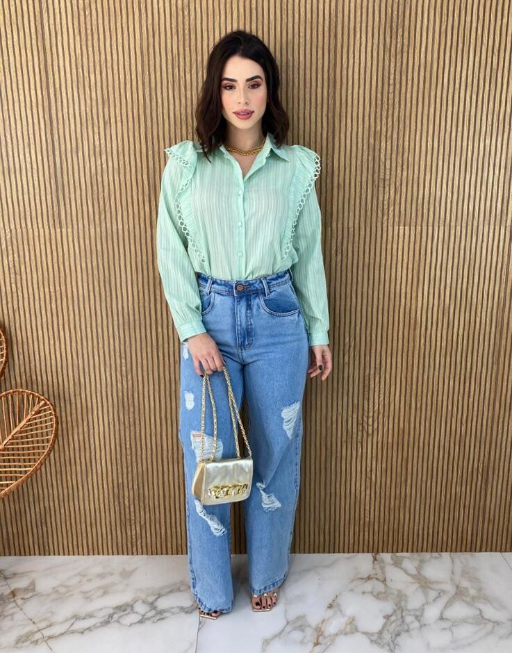 Camisa Feminina Manga Longa Luna com Detalhe Verde - Fernanda Ramos Store
