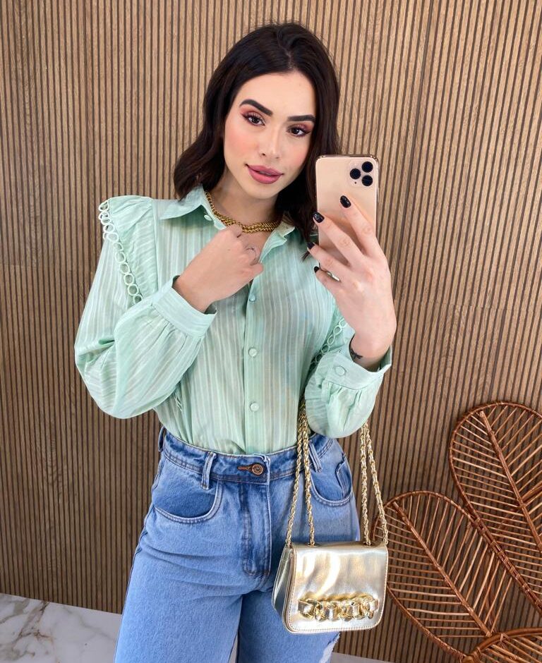 Camisa Feminina Manga Longa Luna com Detalhe Verde - Fernanda Ramos Store