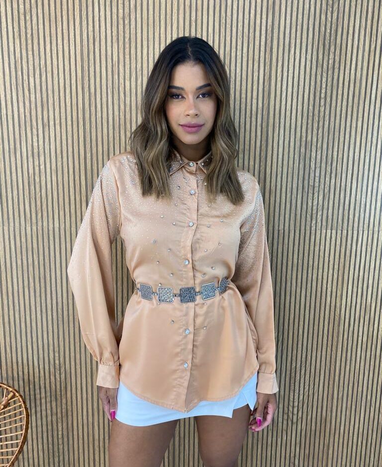 Camisa Feminina Manga Longa Mari com Aplicações Bege - Fernanda Ramos Store