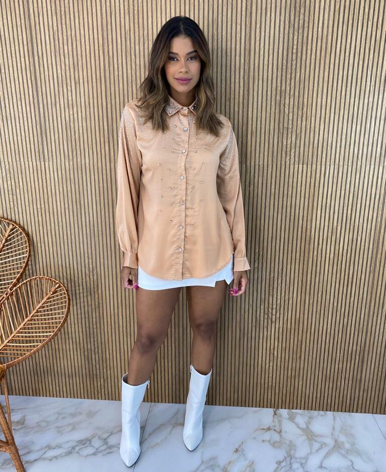 Camisa Feminina Manga Longa Mari com Aplicações Bege - Fernanda Ramos Store