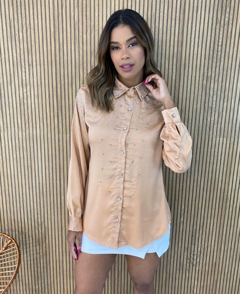 Camisa Feminina Manga Longa Mari com Aplicações Bege - Fernanda Ramos Store