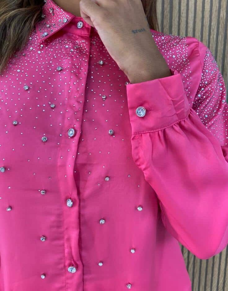 Camisa Feminina Manga Longa Mari com Aplicações Pink - Fernanda Ramos Store