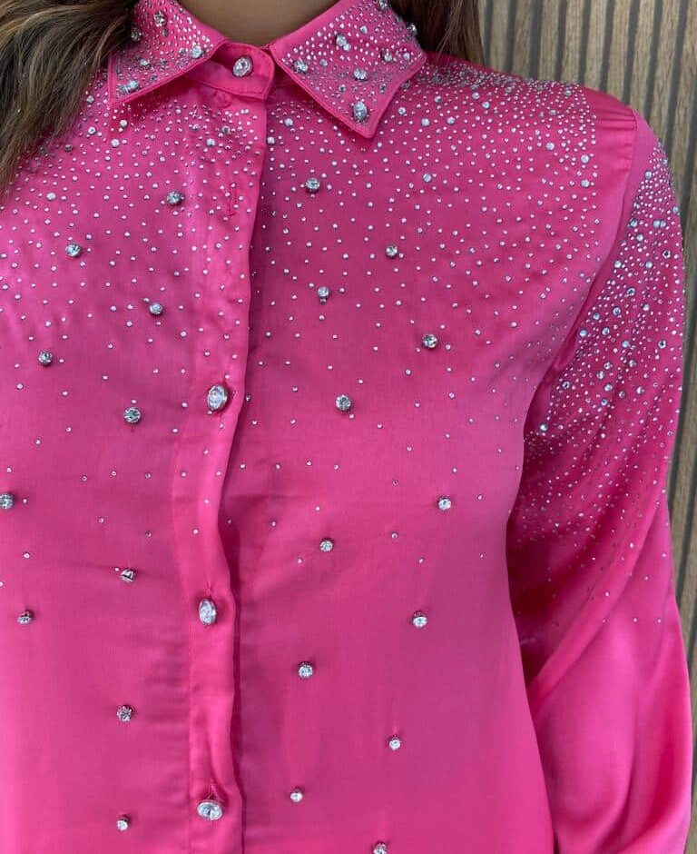 Camisa Feminina Manga Longa Mari com Aplicações Pink - Fernanda Ramos Store