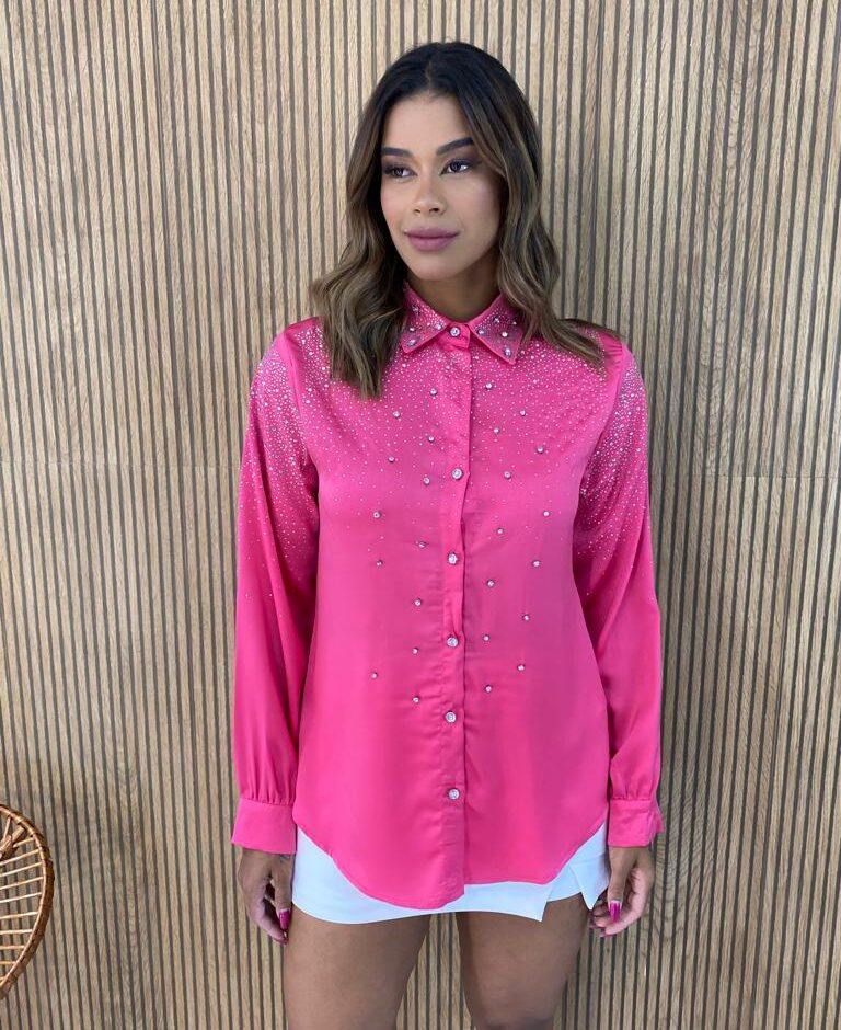 Camisa Feminina Manga Longa Mari com Aplicações Pink - Fernanda Ramos Store