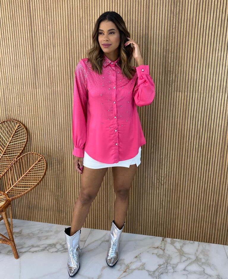 Camisa Feminina Manga Longa Mari com Aplicações Pink - Fernanda Ramos Store