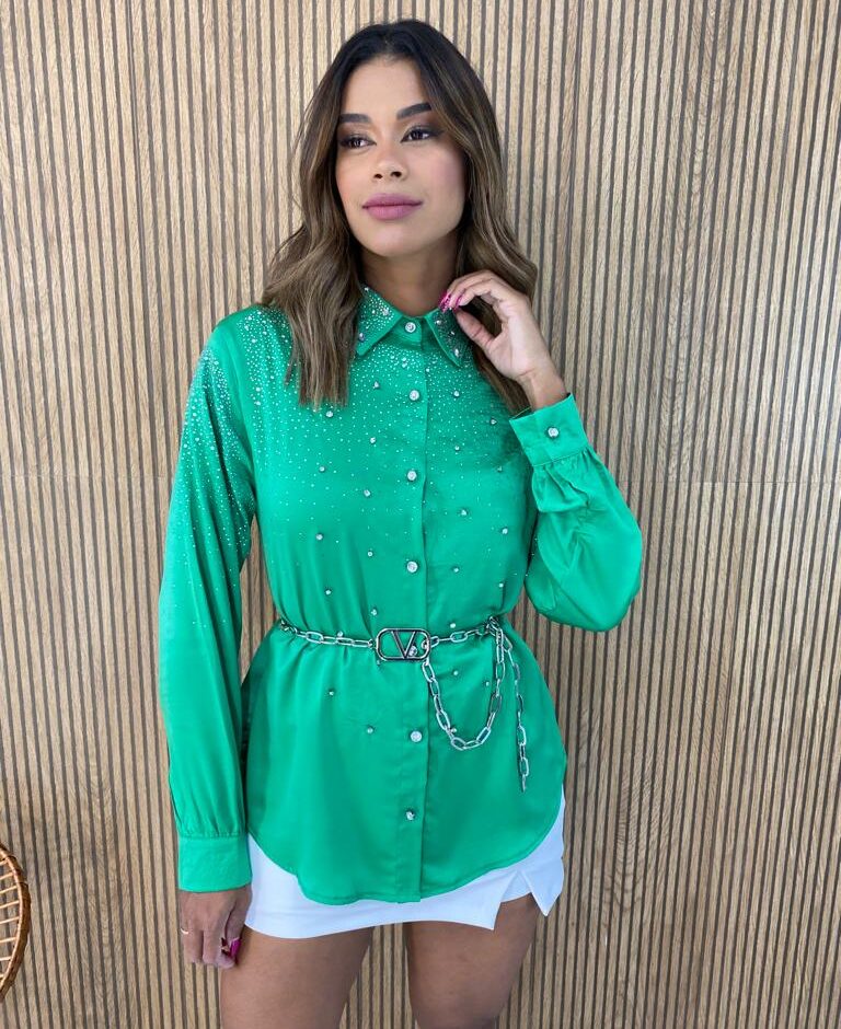 Camisa Feminina Manga Longa Mari com Aplicações Verde - Fernanda Ramos Store