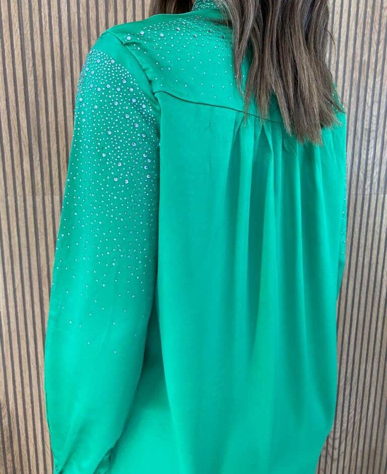 Camisa Feminina Manga Longa Mari com Aplicações Verde - Fernanda Ramos Store