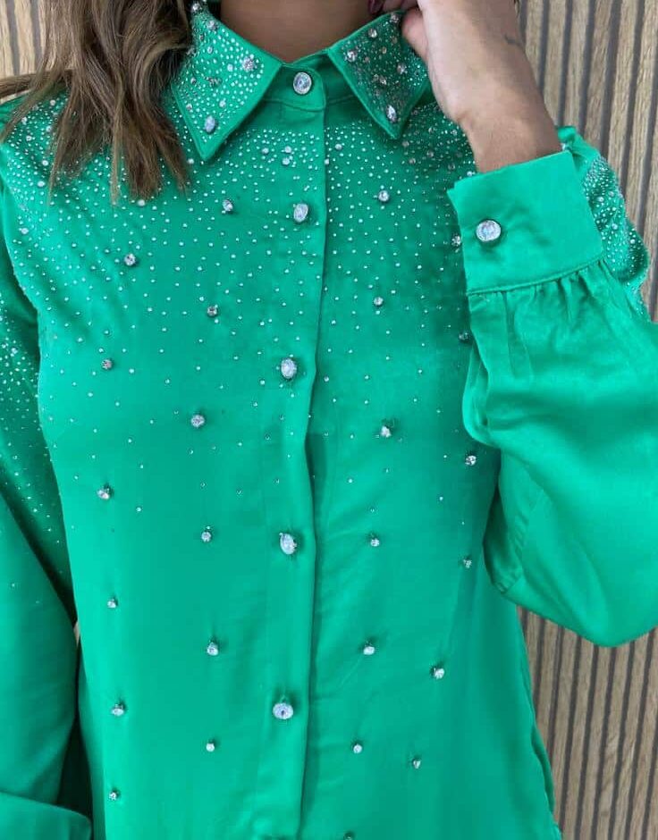 Camisa Feminina Manga Longa Mari com Aplicações Verde - Fernanda Ramos Store