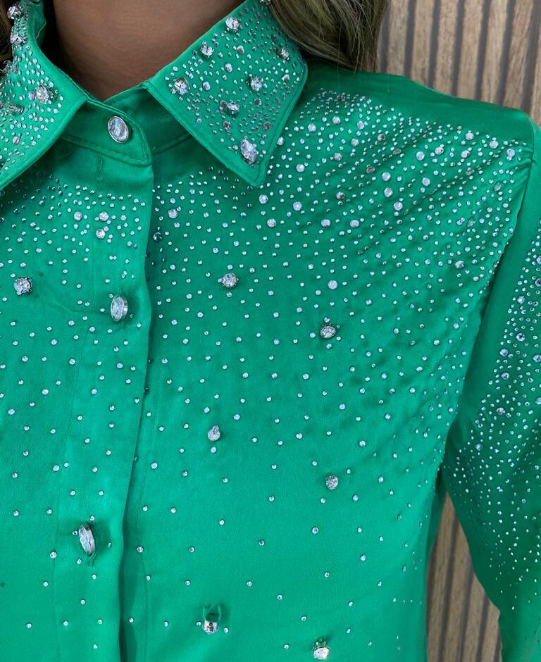 Camisa Feminina Manga Longa Mari com Aplicações Verde - Fernanda Ramos Store