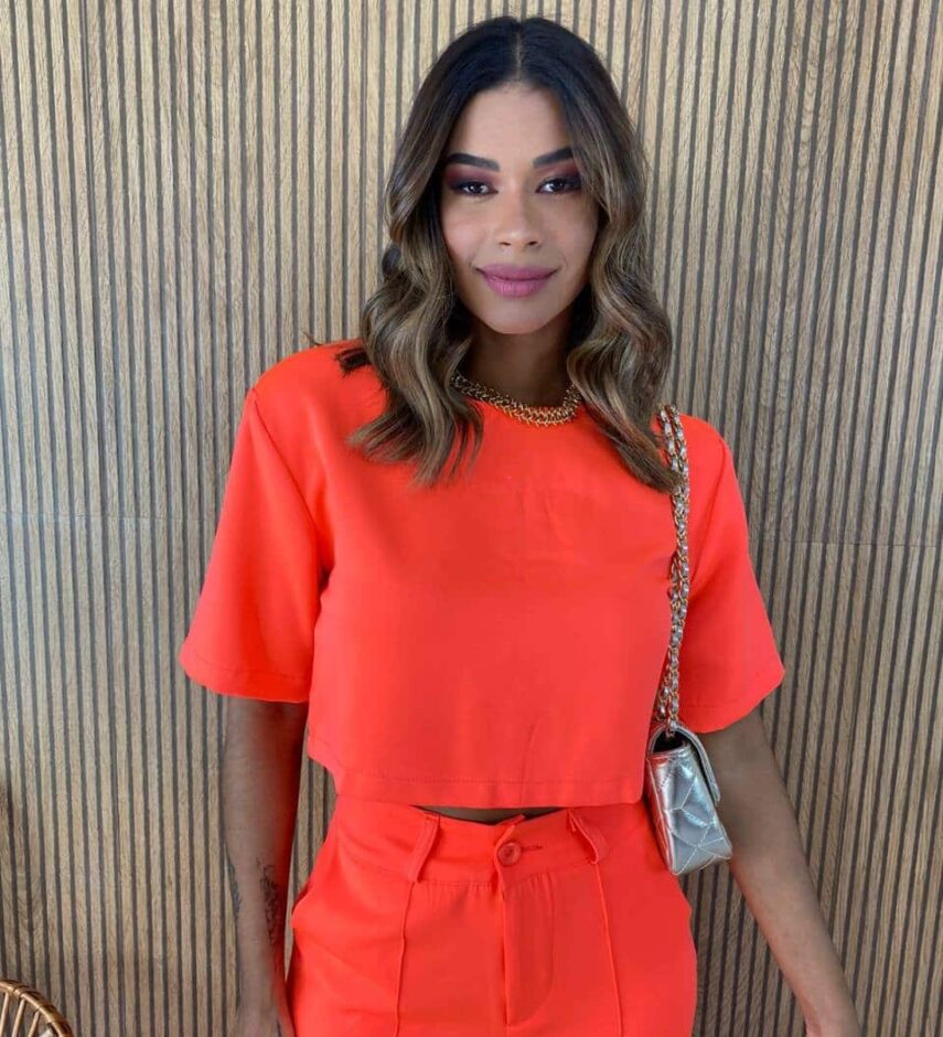 Conjunto Feminino Alfaiataria Cropped e Calça Laranja Flúor - Fernanda Ramos Store