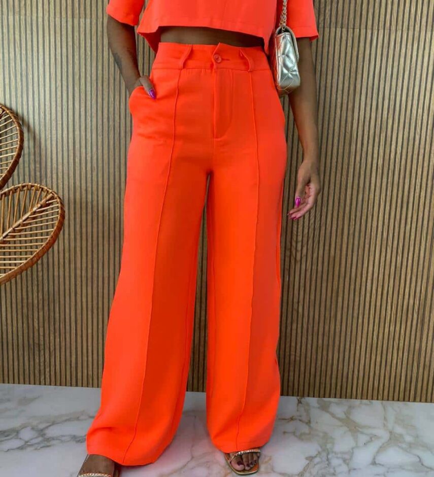 Conjunto Feminino Alfaiataria Cropped e Calça Laranja Flúor - Fernanda Ramos Store