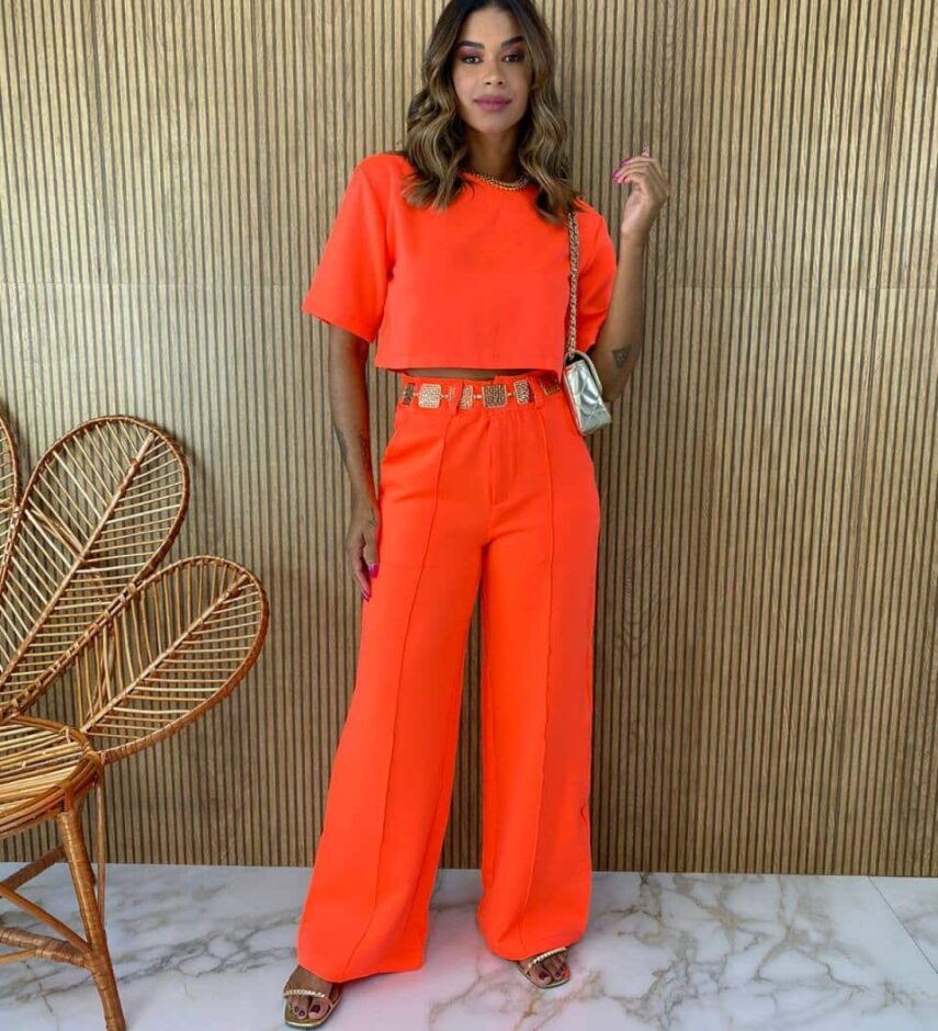Conjunto Feminino Alfaiataria Cropped e Calça Laranja Flúor - Fernanda Ramos Store