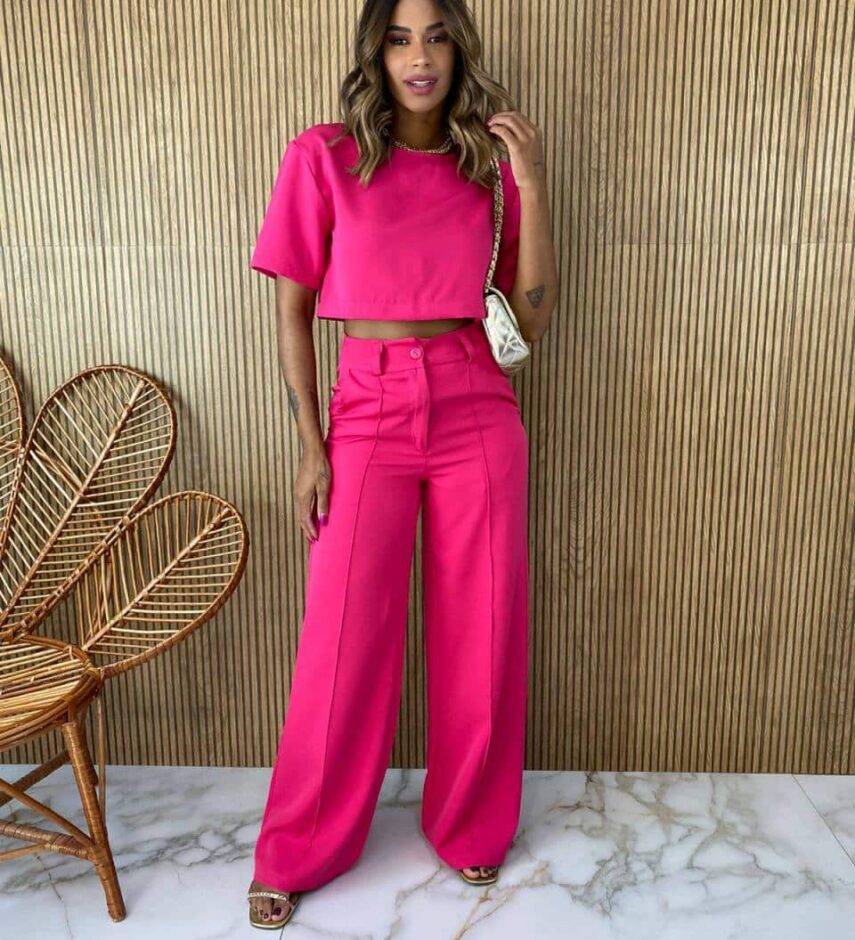 Conjunto Feminino Alfaiataria Cropped e Calça Pink - Fernanda Ramos Store