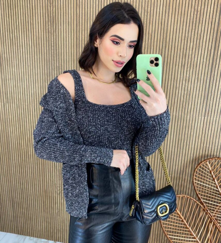 Conjunto Feminino Twin Set Casaco e Cropped Tricot Cinza - Fernanda Ramos Store