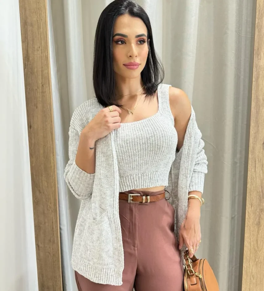 Conjunto Feminino Twin Set Casaco e Cropped Tricot Mesclado - Fernanda Ramos Store