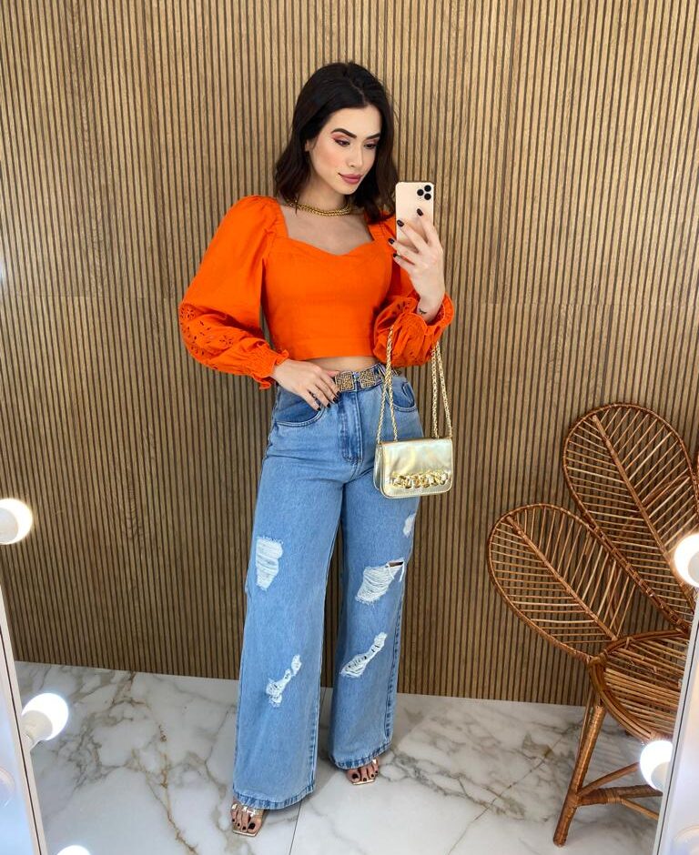 Cropped Feminino Manga Longa Detalhe nas Mangas Laranja - Fernanda Ramos Store