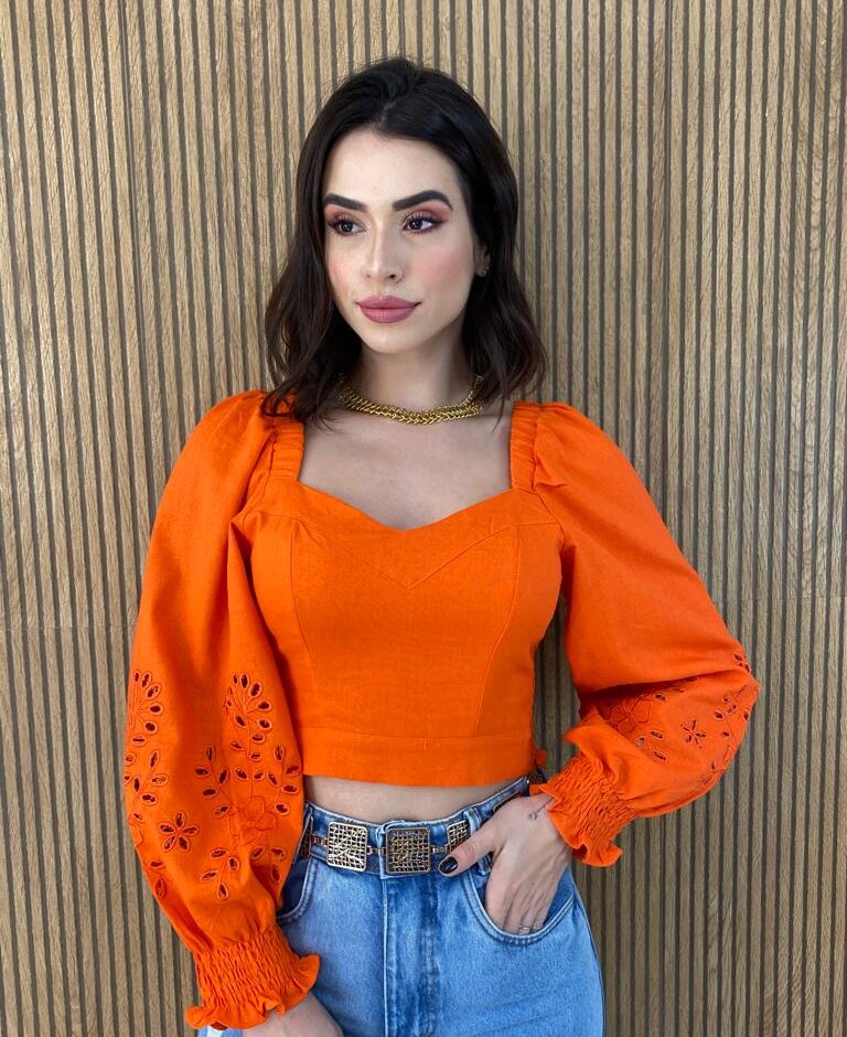 Cropped Feminino Manga Longa Detalhe nas Mangas Laranja - Fernanda Ramos Store