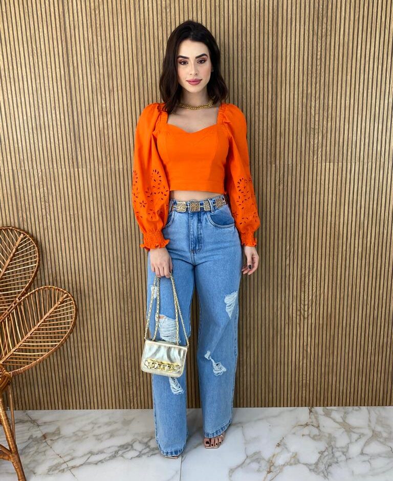 Cropped Feminino Manga Longa Detalhe nas Mangas Laranja - Fernanda Ramos Store