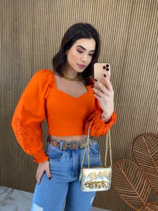 Cropped Feminino Manga Longa Detalhe nas Mangas Laranja Fernanda Ramos Store