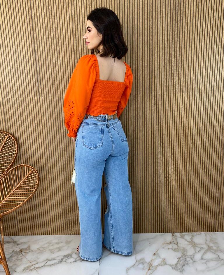Cropped Feminino Manga Longa Detalhe nas Mangas Laranja - Fernanda Ramos Store