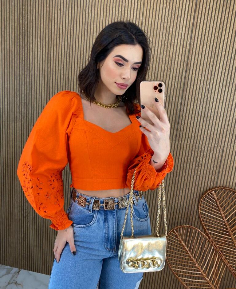 Cropped Feminino Manga Longa Detalhe nas Mangas Laranja - Fernanda Ramos Store