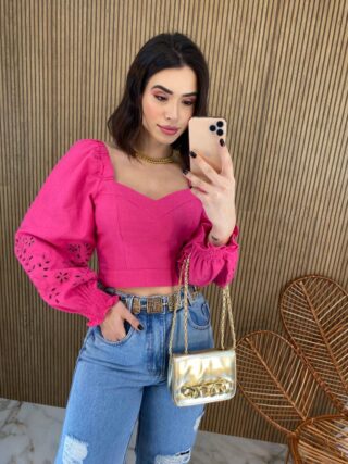 Cropped Feminino Manga Longa Detalhe nas Mangas Pink Fernanda Ramos Store