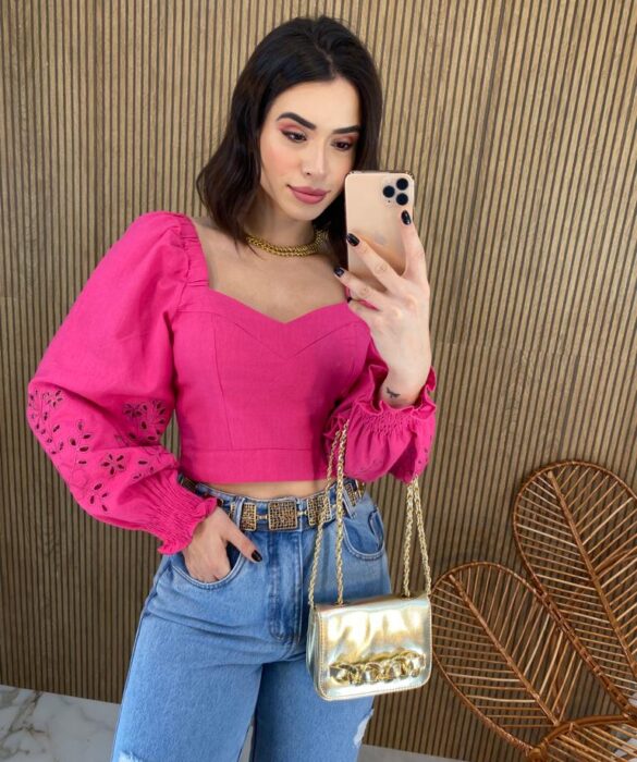 Cropped Feminino Manga Longa Detalhe nas Mangas Pink Fernanda Ramos Store