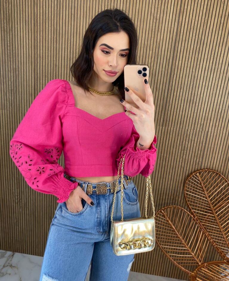 Cropped Feminino Manga Longa Detalhe nas Mangas Pink - Fernanda Ramos Store