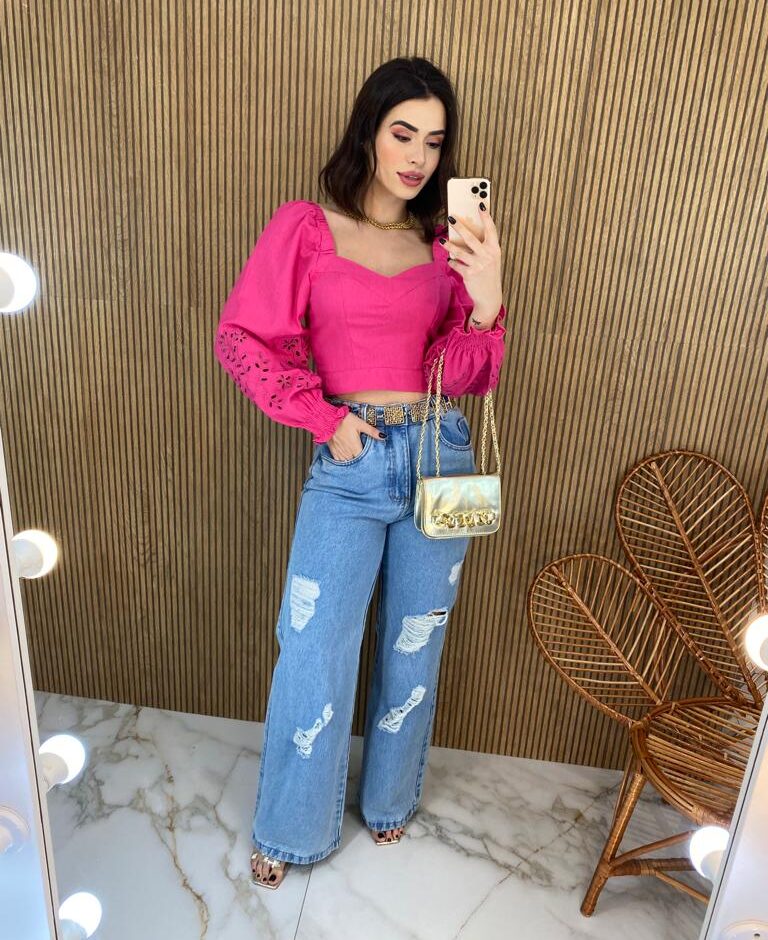 Cropped Feminino Manga Longa Detalhe nas Mangas Pink - Fernanda Ramos Store