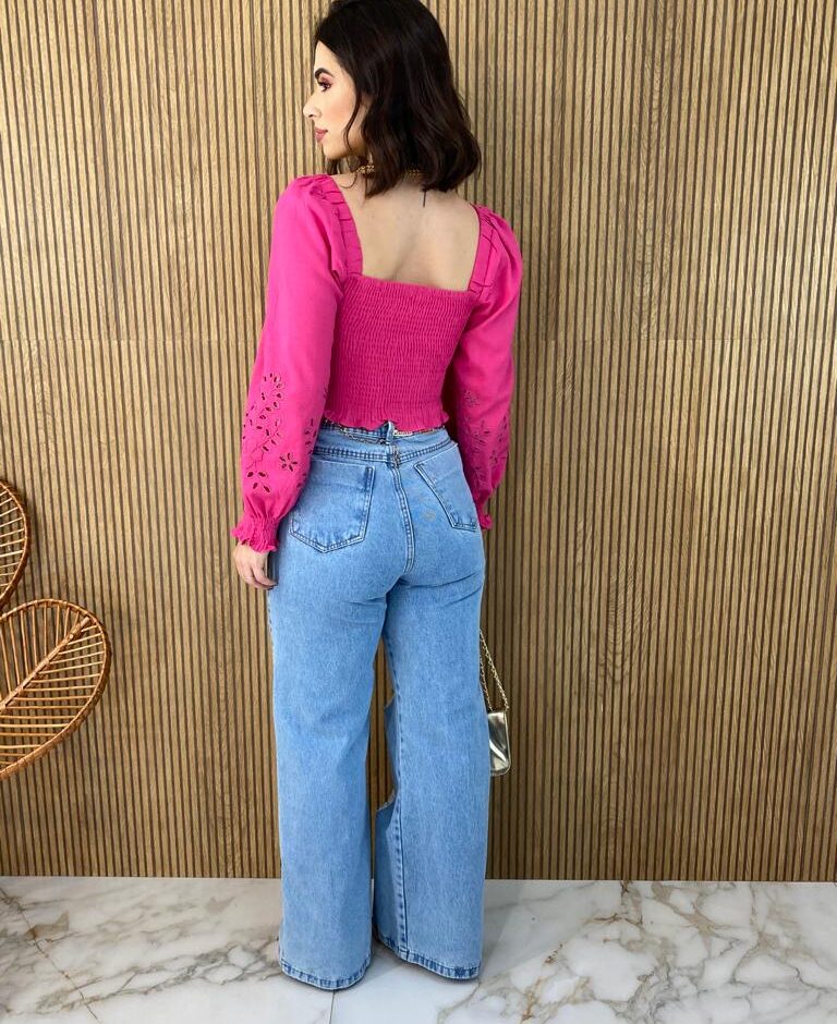 Cropped Feminino Manga Longa Detalhe nas Mangas Pink - Fernanda Ramos Store