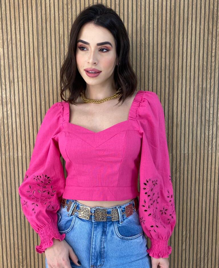 Cropped Feminino Manga Longa Detalhe nas Mangas Pink - Fernanda Ramos Store
