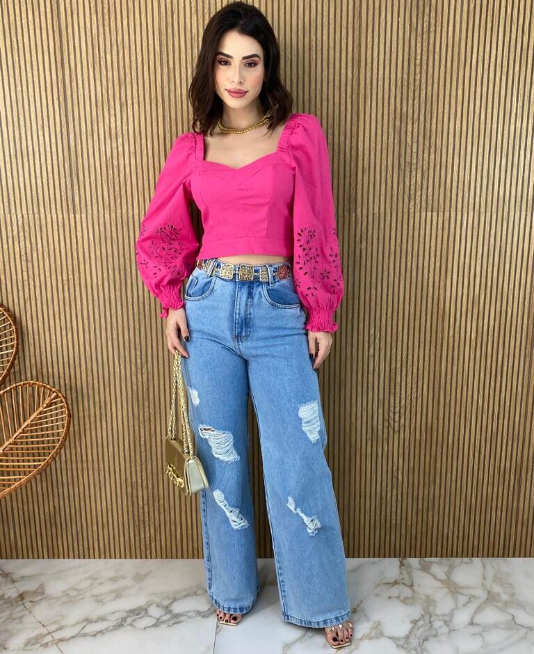 Cropped Feminino Manga Longa Detalhe nas Mangas Pink - Fernanda Ramos Store