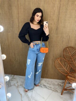Cropped Feminino Manga Longa Detalhe nas Mangas Preto - Fernanda Ramos Store