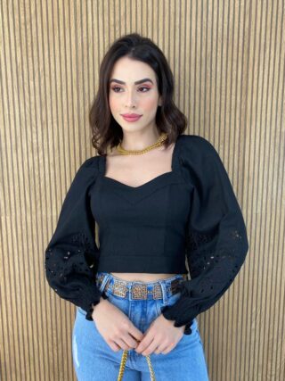 Cropped Feminino Manga Longa Detalhe nas Mangas Preto - Fernanda Ramos Store
