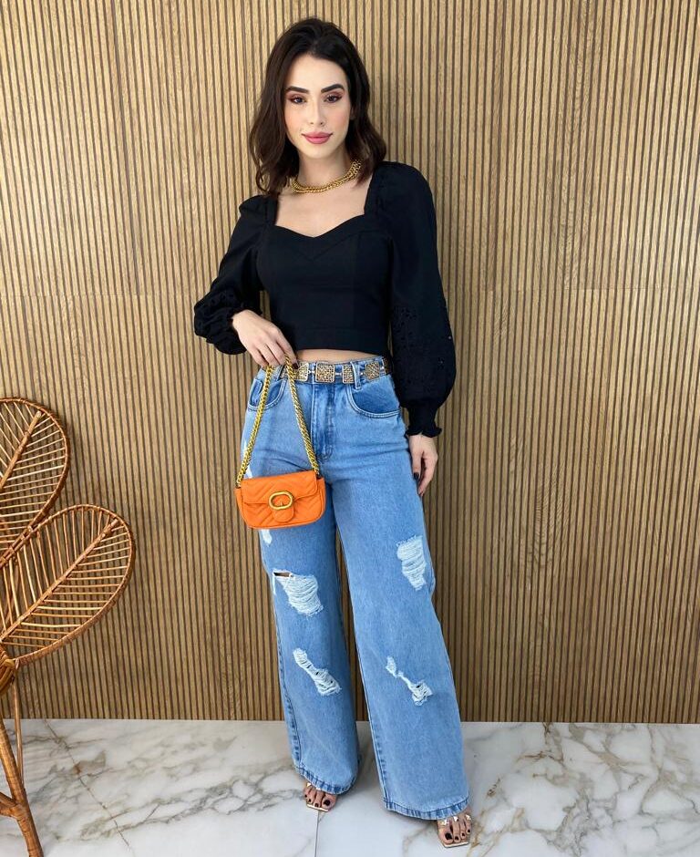 Cropped Feminino Manga Longa Detalhe nas Mangas Preto - Fernanda Ramos Store