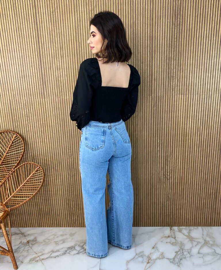 Cropped Feminino Manga Longa Detalhe nas Mangas Preto - Fernanda Ramos Store