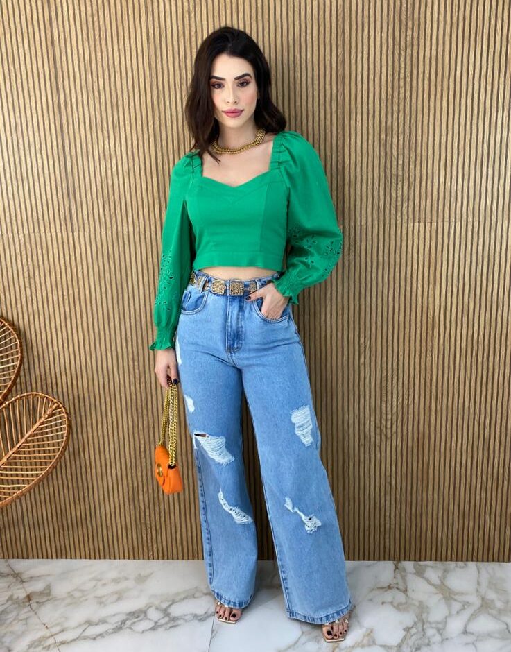 Cropped Feminino Manga Longa Detalhe nas Mangas Verde - Fernanda Ramos Store