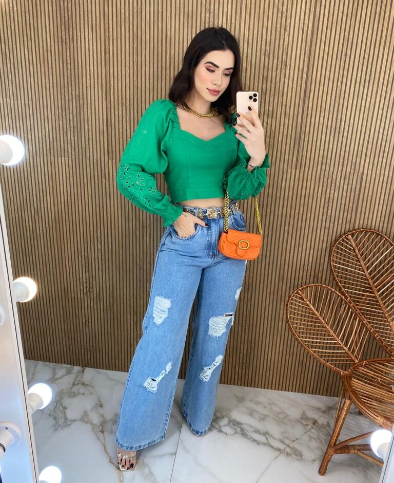 Cropped Feminino Manga Longa Detalhe nas Mangas Verde - Fernanda Ramos Store