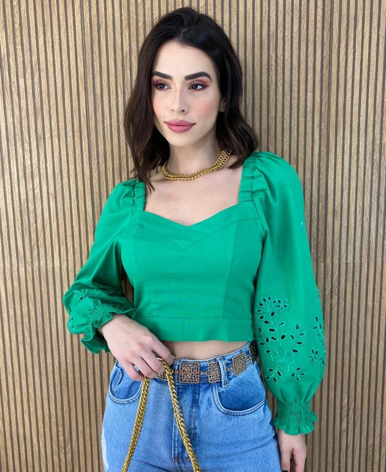 Cropped Feminino Manga Longa Detalhe nas Mangas Verde - Fernanda Ramos Store