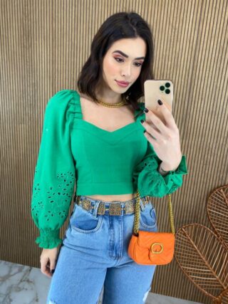 Cropped Feminino Manga Longa Detalhe nas Mangas Verde Fernanda Ramos Store