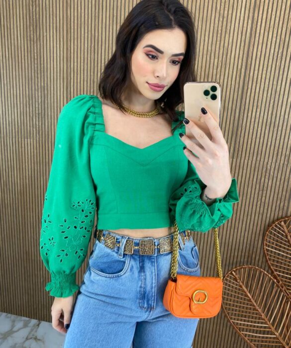 Cropped Feminino Manga Longa Detalhe nas Mangas Verde Fernanda Ramos Store