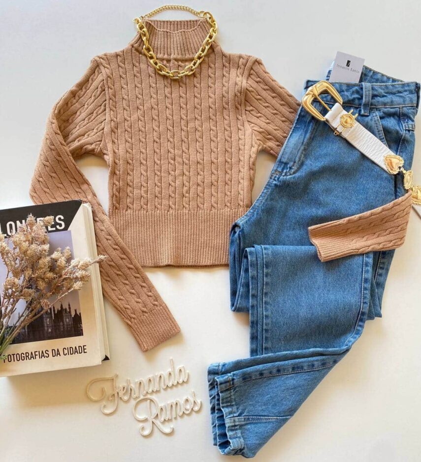 Cropped Feminino Manga Longa Tricot Aline Bege Fernanda Ramos Store
