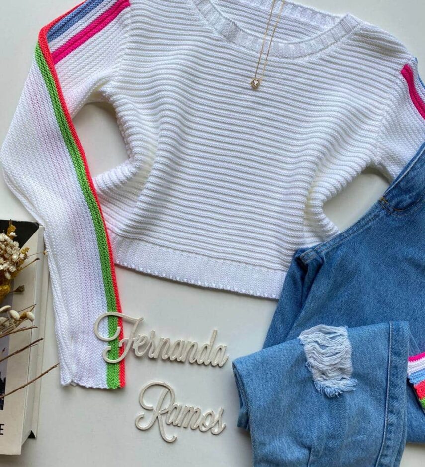 Cropped Feminino Manga Longa Tricot Helena Branco - Fernanda Ramos Store
